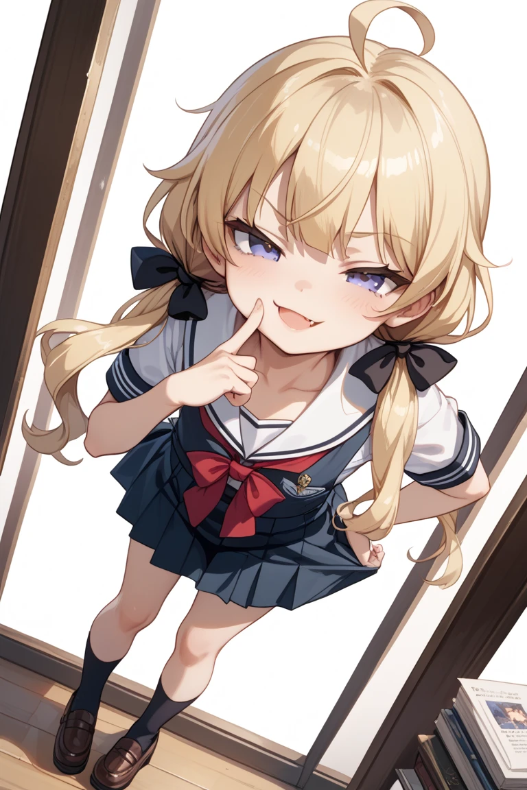 pretty girl、Young face、Blonde、Twin tails、Wavy Hair、Pink eyeischievous face、Spoiled brat、uniform、（Sailor suit）、Immature body、Small breasts、smile、Sweat、sexy panties、（Thick thighs:1.5）