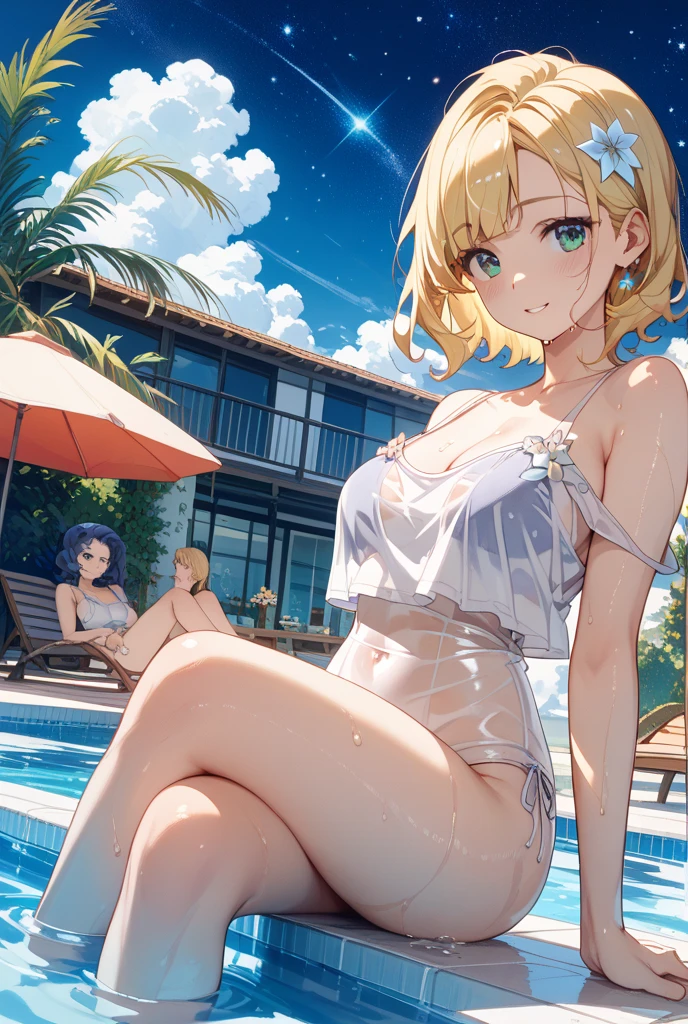 Two sexy girls in colorful crochet bikini in the bright pool and their short blonde hair and blue eyes edited doing sexy full body poses