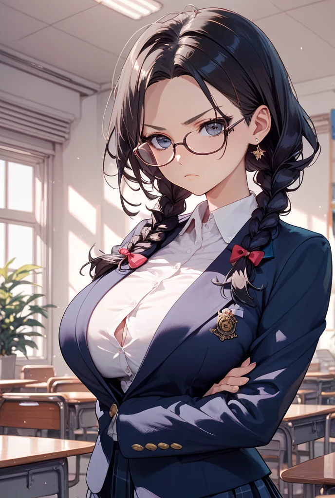 (masterpiece:1.5), (big breasts), 1 girl, young woman, (Beautiful Girl:1.5), (extremely detailed and delicate anime face and eyes:1.5), whole body, (natural light, HDR, extremely details CG:1.3), (dynamic posture:1.3), {correct body anatomy}, (wide hips:1.4), (perfect hands:1.3), single focus, toned body, Beautiful Lips, thick lips, {surreal}, {correct posture}, {minutes details}, {detailed body}, {detailed clothing}, {Bright Eyes}, (cleavage:1.3), {accessories}, {sexy}, {solo}, (black wafuku:1.5), (black school uniform:1.3), (Short black blazer:1.5), (black blouse:1.3), long sleeves jacket, short skirt, skirt, (bowtie:1.3), black glasses, hairclip, jewelry, earrings, (black pantyhose:1.3), loafers, twin braids, (Black hair:1.3), hime cut bangs, Brown eyes, disdain,