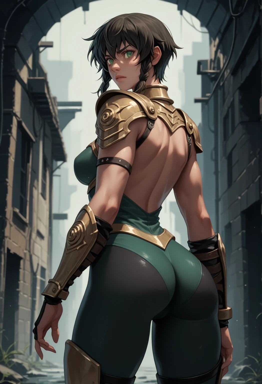 (high resolution, pixel perfect, gorgeous illustrations), (hyper quality, muste piece, etheric: 1.4), ((nsfw)), (((cowboy shot))), ((1girl)), (female savage), woman, bitch, (((show your butt hole:1.3))), (((open stance))), cool atmosphere, black hair, (((((very short hair, slicked_back_hair))))), Exquisite face, ((rolling eyes)), blush, (((((((muscular_female))))))), (thick thighs, wide hips, Big breasts that are about to burst), fighter, (((wh_chi_armor))), (underboob), black bodysuit, see through, erect nipples, (((((cameltoe))))), high heel boots, (((scars on body))), shiny skin, gleaming skin, sweat, simple background,