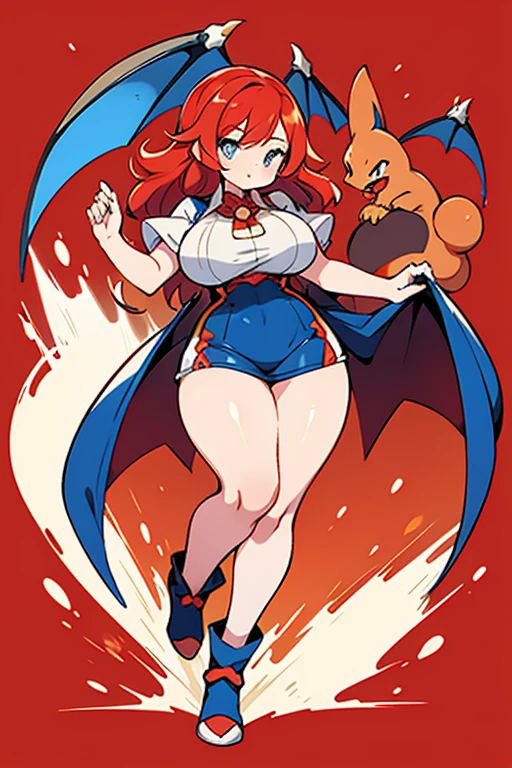 (masterpiece, best quality, high resolution, (pokemon style) ((huge breasts))1 fire pokemon covered in rotten looking flames full body,,((white background,)), ((full body standing) ),