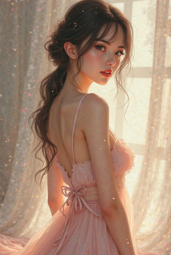 Waist high, fantasy art, photorealism, dynamic lighting, art station, poster, volume lighting, highly detailed face, (official uniform: 1.4), long hair, sweater, delicate clavicle, bare shoulders, Breast augmentation, small waist, hips, legs, clear pink lace dress, kneeling, from below, looking at viewer