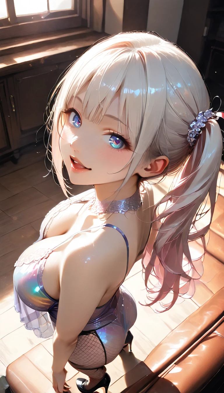 master piece,highres,4k.8k,Lifelike:1.5,Close-to-reality1.3,
full body,
Greige hair, ((highlights hair, Blue streaked hair:1.0)),
braided bangs,high ponytail,
turquoise blue eyes,
glamorous,
mischievous,eighteen years old,
full body,full body,full body,
break,
arched back,