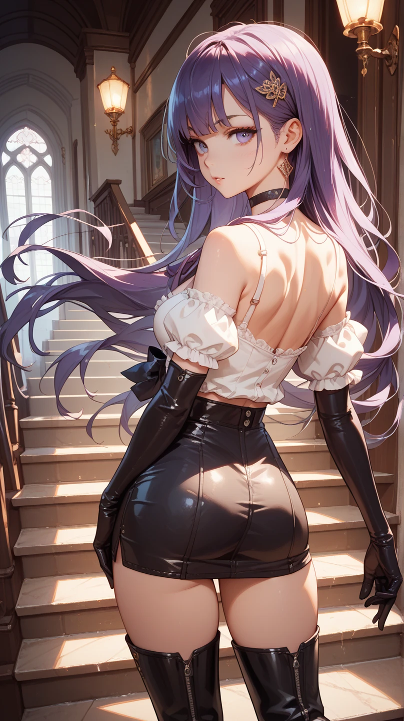 shoulder to shoulder dresser, best qualityer, high resolution, 1 girl, Super high resolution, standing alone, Stockings, purples eyes, , long hair, bangss，necklase, completamente new, new, beautiful ass