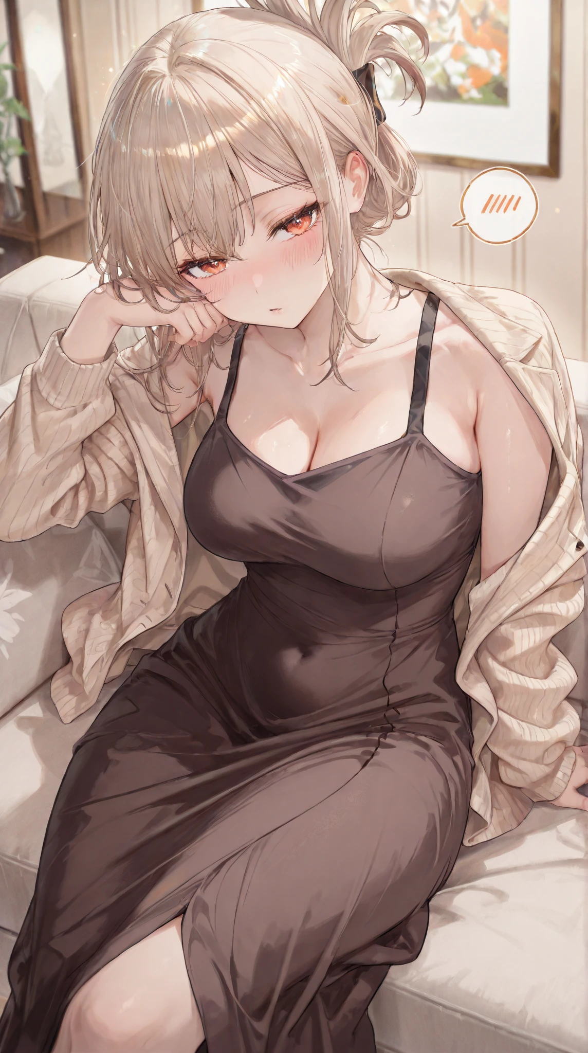 A beautiful woman with long medium blonde hair, Very straight hair (bangs covering one eye) kawaii, Bangs cover the right eye slightly large breasts, blue slanted eyes, (Using a closed brown coat posing with a soft smile against a white background, her right eye visible and eye color yellow, Elegant wearing a black t-shirt wearing a long, tight black skirt, right hand holding the left hand left hand resting on the side of the thigh. Beautiful narrow open eyes