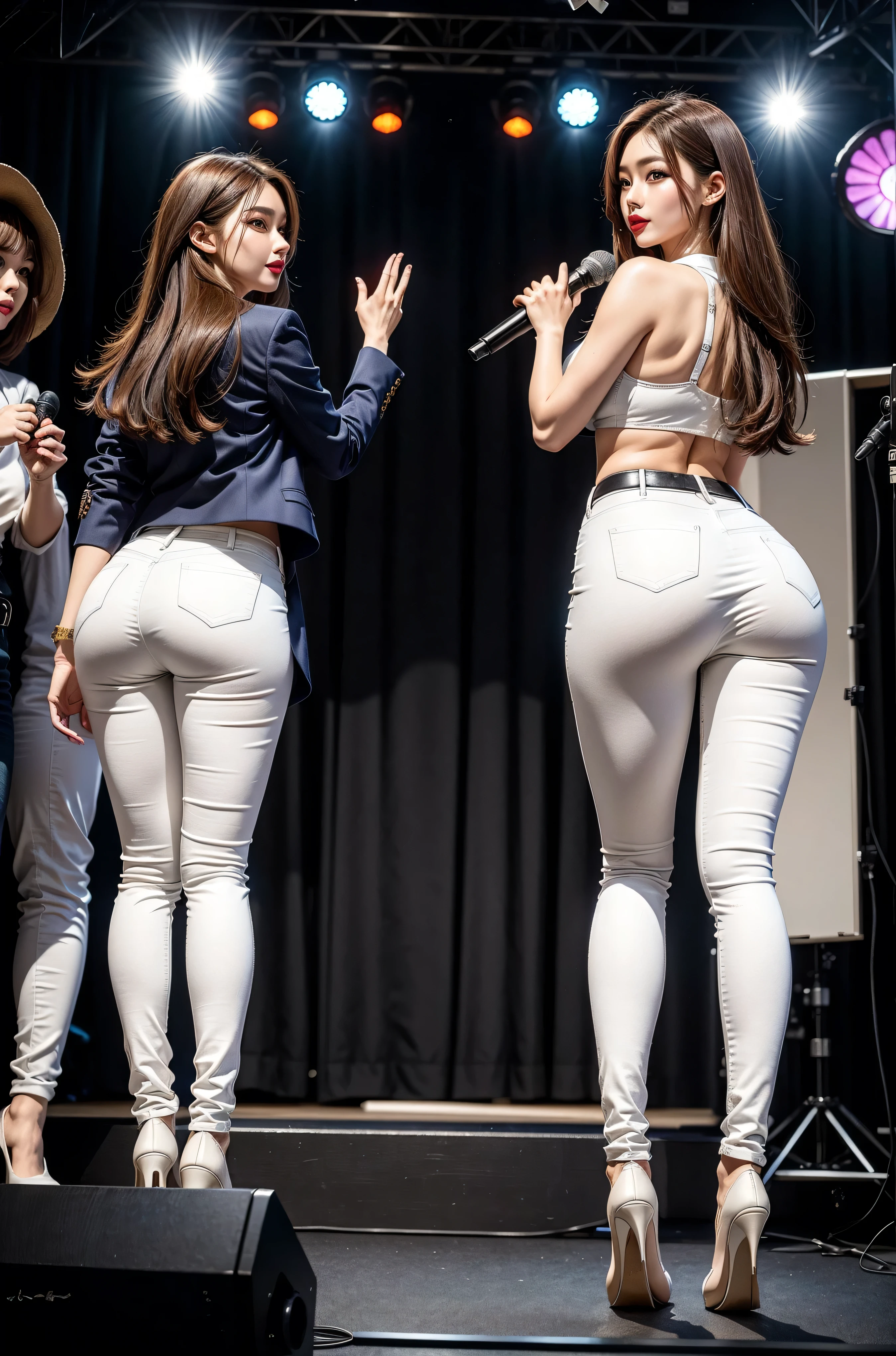 (8k,best quality,masterpiece,actual,super detailed:1.3),(2 girls,beautiful korean girl, kpop idol),(black blazer:1.2),(white leggings:1.1),(Serious expression:1.2)discuss,(speech,handheld microphone:1.2)(crowd,audience:1.3),Sexy long legs, (Thigh clearance:1.5),wide hips,S-shaped body, Hips raised,,black hair,(ass focus:1.1)shot from behind