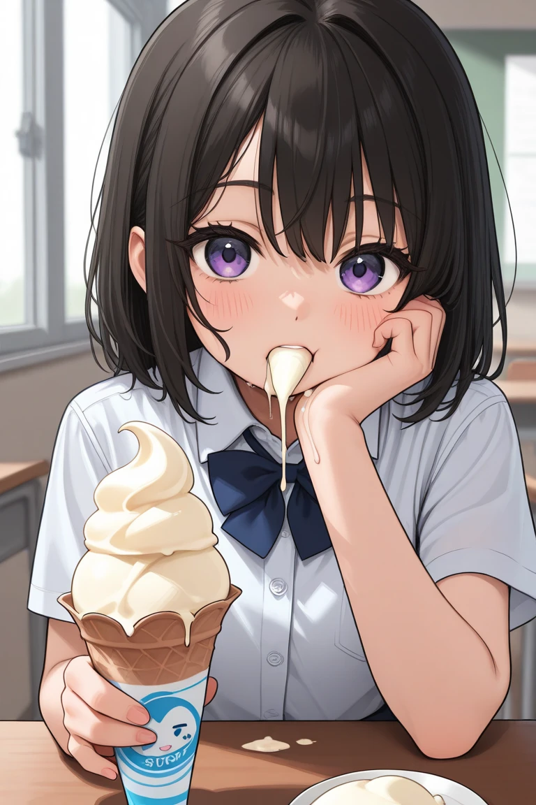 (highest quality), (masterpiece), 1080p, High resolution, 4K, 8k, ((2 Girl)), breasts on tray, breastplate, tray, Exposing breasts, Big Breasts, Holding, Holding tray, blush, Upper Body, nude, Nipples, Embarrassing, ((Sweat)), ((White panties)), Maid, 首にFrills, classroom, Exposing shoulders, ((Cleavage)), Open your mouth, Fang teeth, Panic face, exposing Nipples, Small breasts, Low - Angle, Long black hair, Twin tails, Blunt bangs, Thigh-high socks, 18-year-old, ice cream, Fresh cream, Frills, Fresh creamまみれ