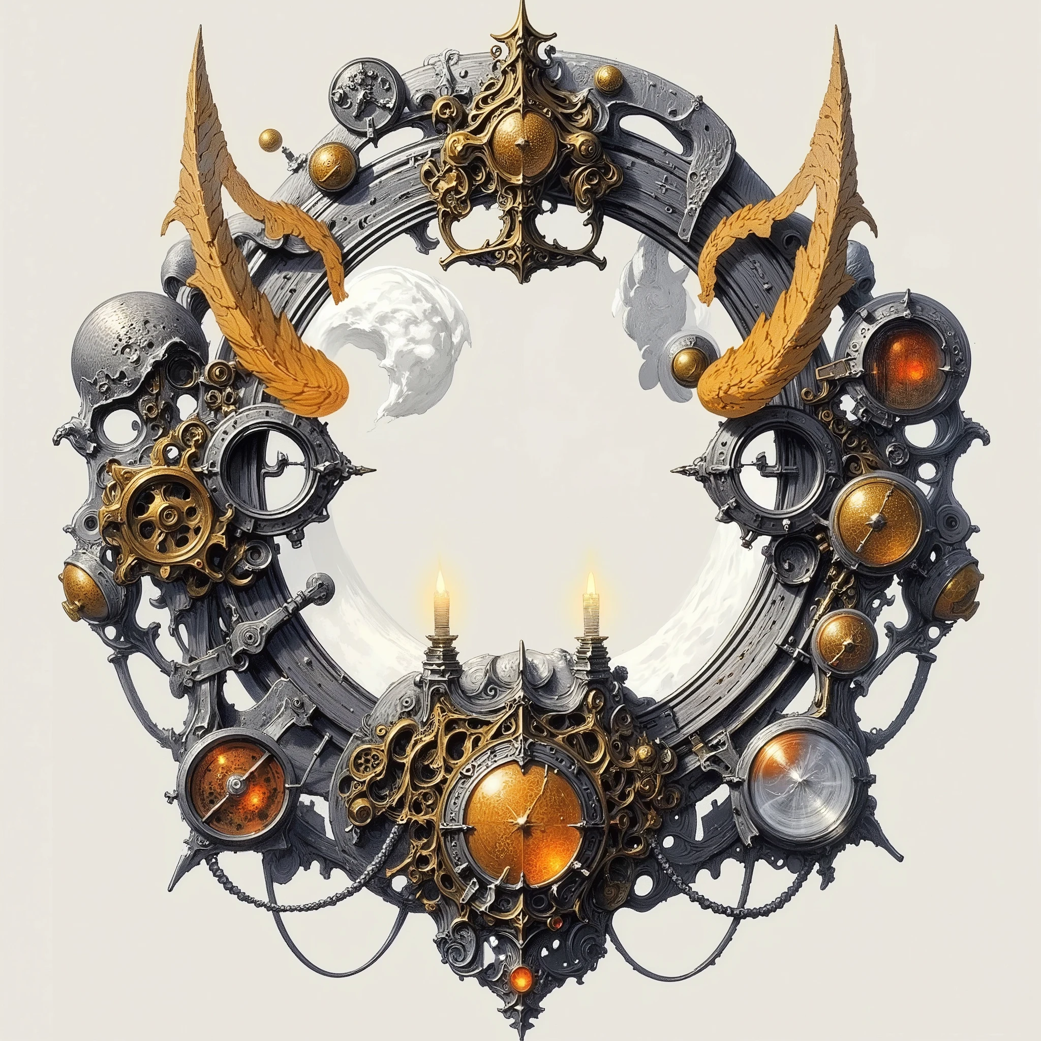 A round openwork frame for an empty interior should include a wide variety of elements, each of which contributes to the overall atmosphere. Intricate details on both organic and mechanical elements, with intricate textures and vibrant colors. The lighting should be soft, diffused and natural, enhancing the depth and realism of the scene. The atmosphere should be calm, but at the same time bright, creating a sense of serenity and wonder. Every detail in the scene should be carefully drawn, emphasizing the contrast between light and shadow and conveying subtle textures and subtle gradients. The color palette should be carefully selected to evoke emotions, while each shade should enhance the aesthetic appeal of the overall composition. The final image should be spectacular, immersing the viewer in its complex world of details.