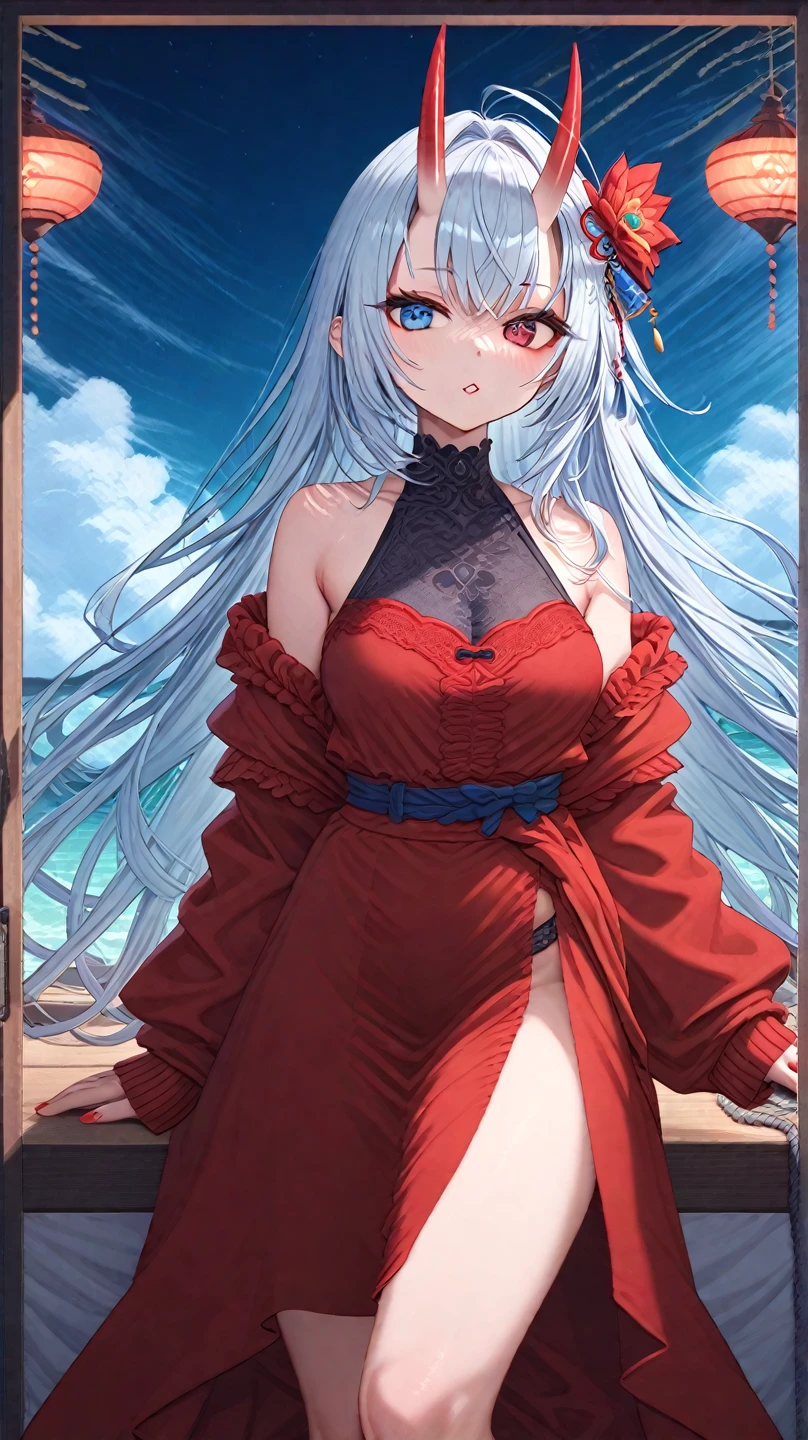 (((huge ))), long hair, Exquisite ruby necklace, beach, seaside, coconut tree, Pale green lace bra, coastal, Feldspar step platform.