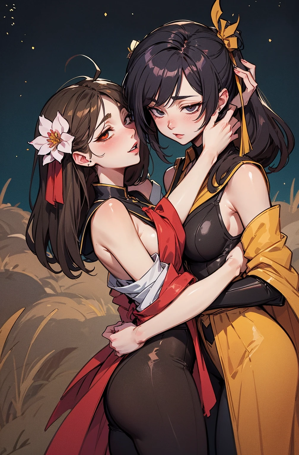 (masterpiece, best quality),female late twenties, compact, indigenous peoples of the america, hazel eyes,  unique nose, round chin with cleft, round jaw, uneven cheeks, uneven forehead,  graceful arch of the foot,   , brunette blunt bangs hair, anger wearing bohemian kaftan, halter bikini top, stilettos, , embracing pose, embracing with a passionate look, conveying intimacy and connection, enchanting forest lighting, a combination of moonlight and dappled light, adding a fairy-tale-like charm