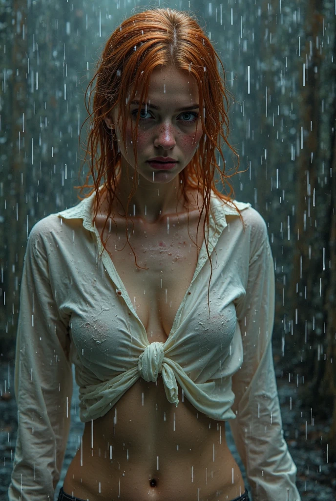 a portrait of a (soaking wet of a milk:1.2) redhead, freckles teacher is sitting on a porch, : white shirt : 18], visible through the white top t-shirt, slate atmosphere, cinematic, dimmed colors, dark shot, muted colors, film grainy, lut, insane details, intricate details, hyperdetailed, closeup, twilight,  gigantic breasts