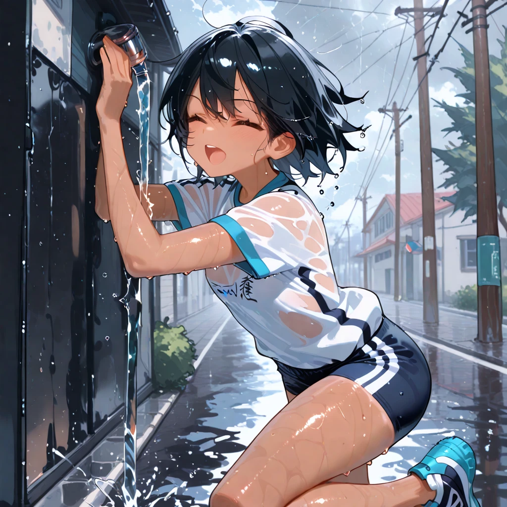 gymnastic suit（white shirt and navy shorts）Girl Wearing,A dark-haired,Emphasis on embarrassment,School yard in the background,Omorashi,Wet clothes,With a hem,hairpin,blue-sky,spill liquid from crotch,White sneakers,stomp,hiquality,