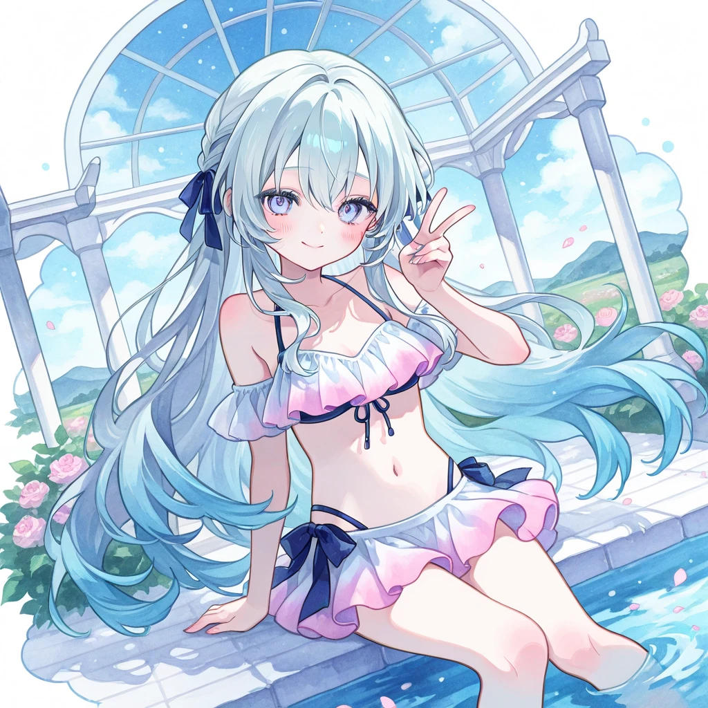 [[[​master piece]]],[[[Best Quality]]],[[[ultra-detailliert]]],extremely detailed CG unity 8k wallpaper,illustration,lens 135mm,masterpiece, best quality,portrait,1girl in, small face,  Mejiro McQueen, Smile, Looking at the viewer, Light blue, swimming costume, ruffled,breasts, hair ornament, ponytail,
