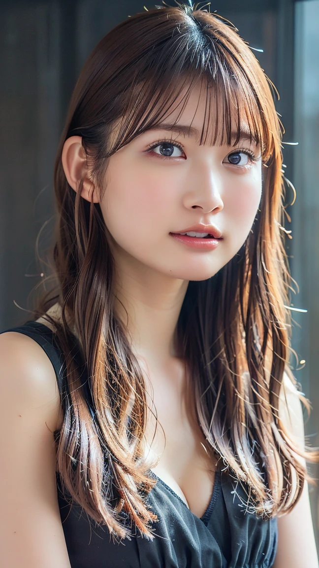 ((masterpiece、1 beautiful girl、Detailed eye、Shorthair with bangs、neck long、Put your ears out))、big eye、Distinct double eyelids、((beste-Qualit, Super-High Resolution)), (Realisticity: 1.4), OriginalPhotographs, 1girl in,cinematlic lighting、japanes、Asian Beauty、Korea person、Super beauty、Beautiful skin、very Bigger breasts、A slender、The body is facing forward、(A hyper-realistic)、(hight resolution)、(8K)、(highly detaile)、(Best Illustration)、(beautifully detailed eyes)、(ultra-detailliert)、detailed face with、looki at viewer、Facing straight ahead、neat and clean clothes、Sleeveless、short-hair、A dark-haired、46-point diagonal bangs、Background is really nothing but pure white background、neat atmosphere、