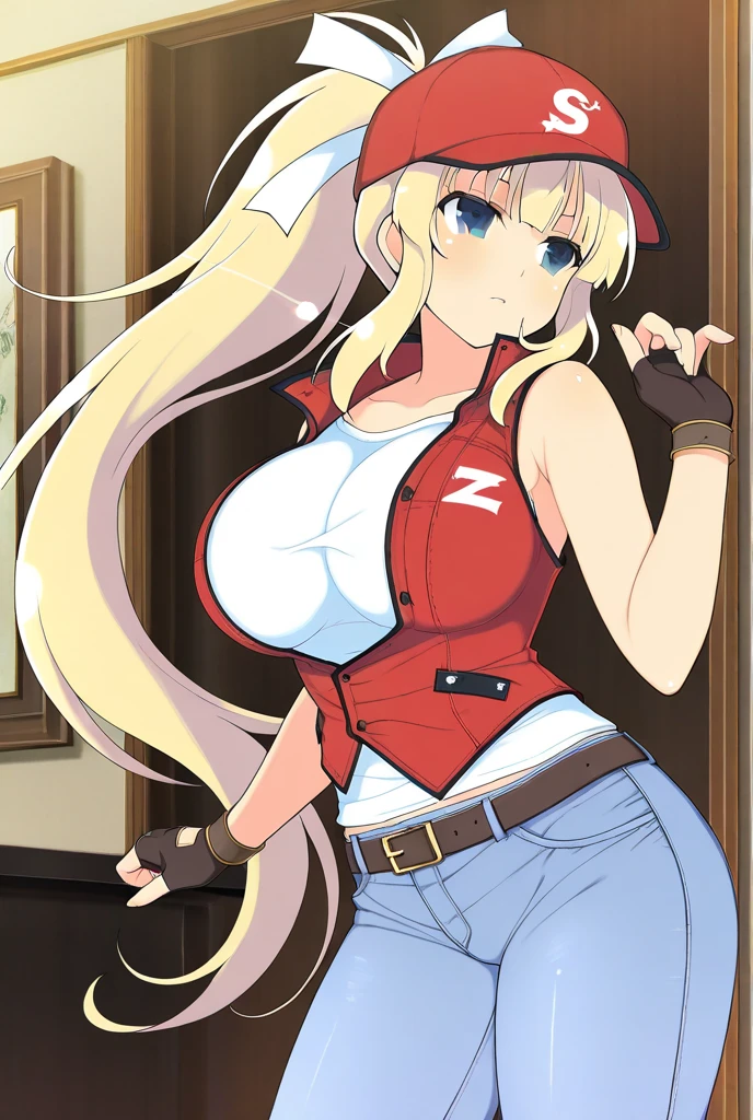 (flat color:1.2), vivid colors, best quality, high resolution, solo, indoors, (huge breasts:1.2), sharp, Defined lines, Detailed, makeup, Beautiful face, gorgeous eyes, smile, defTifa, usagi tsukino, strong muscles, muscular girl, blonde hair, blue eyes, white crop top, elbow pad, fingerless gloves, suspenders, pencil skirt, black socks