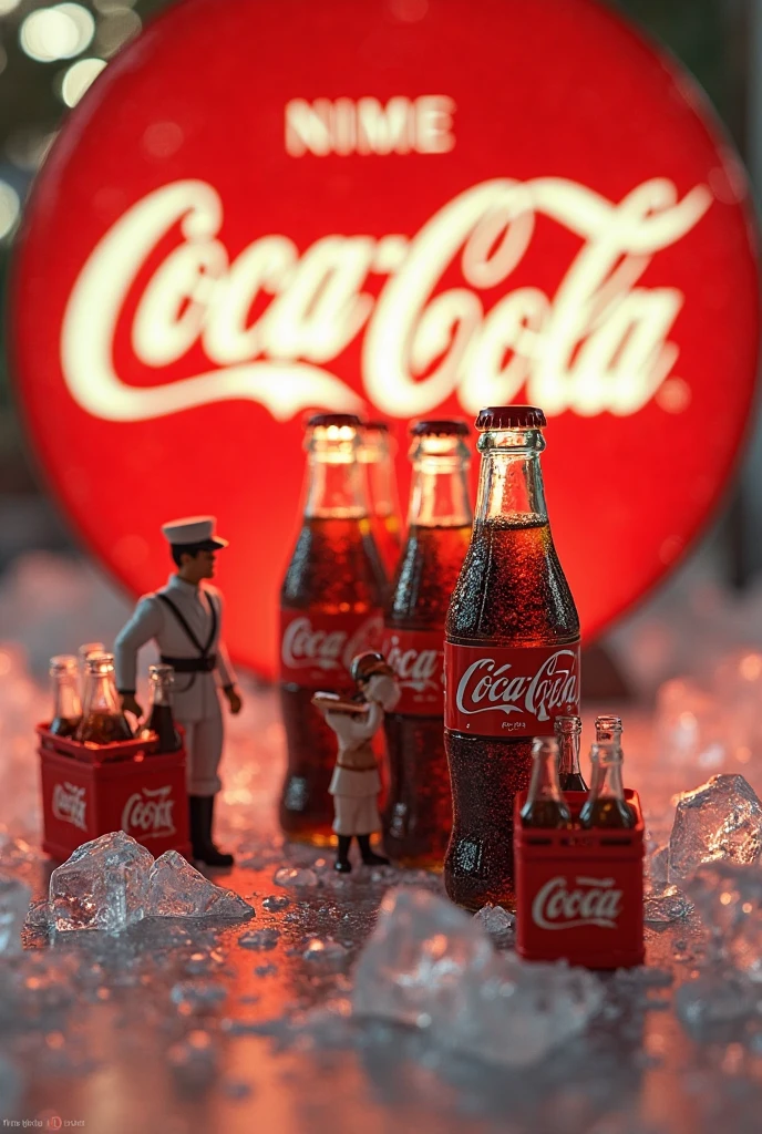 display case with a large tub full of ice cubes with coca cola inside the ice cubes and inside the tub, a black male mannequin in red boxing trunks and a black female mannequin in a red swimsuit, with coca cola in both hands