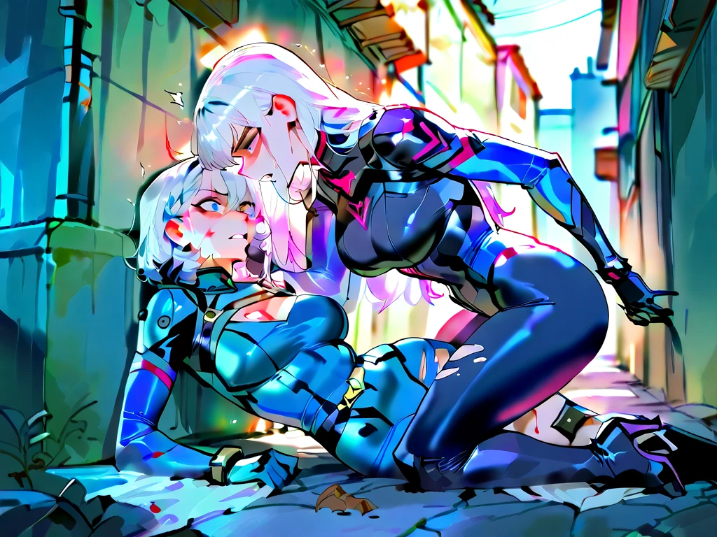 rating_explicit, 2 woman, 1 short white hair woman, white skin, slim body, slender body, black lipstick, doggystyle sex, 1 black strong tall woman futanari, african skin, robotic red arms futanari, black bun samurai hair, alley, purple lights, night, dark, holding waist, moan, angry, cum, ass slap