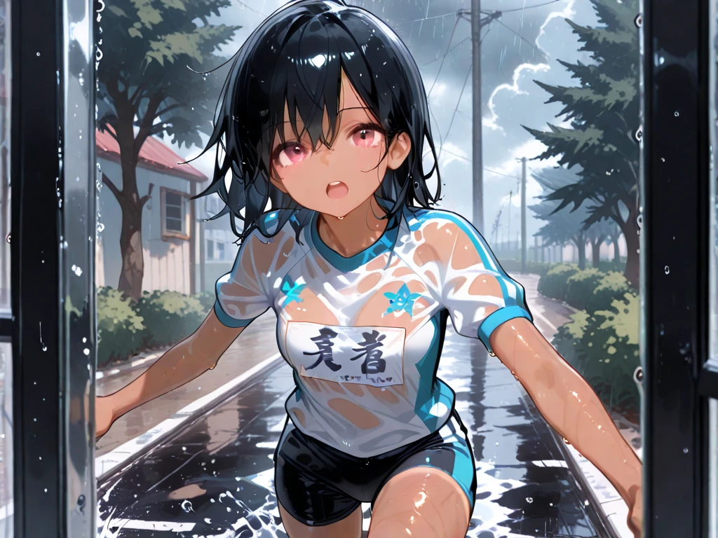 gymnastic suit（white shirt and navy shorts）Girl Wearing,A dark-haired,Emphasis on embarrassment,School yard in the background,Omorashi,Wet clothes,With a hem,hairpin,blue-sky,spill liquid from crotch,White sneakers,Stand with your legs open,hiquality,