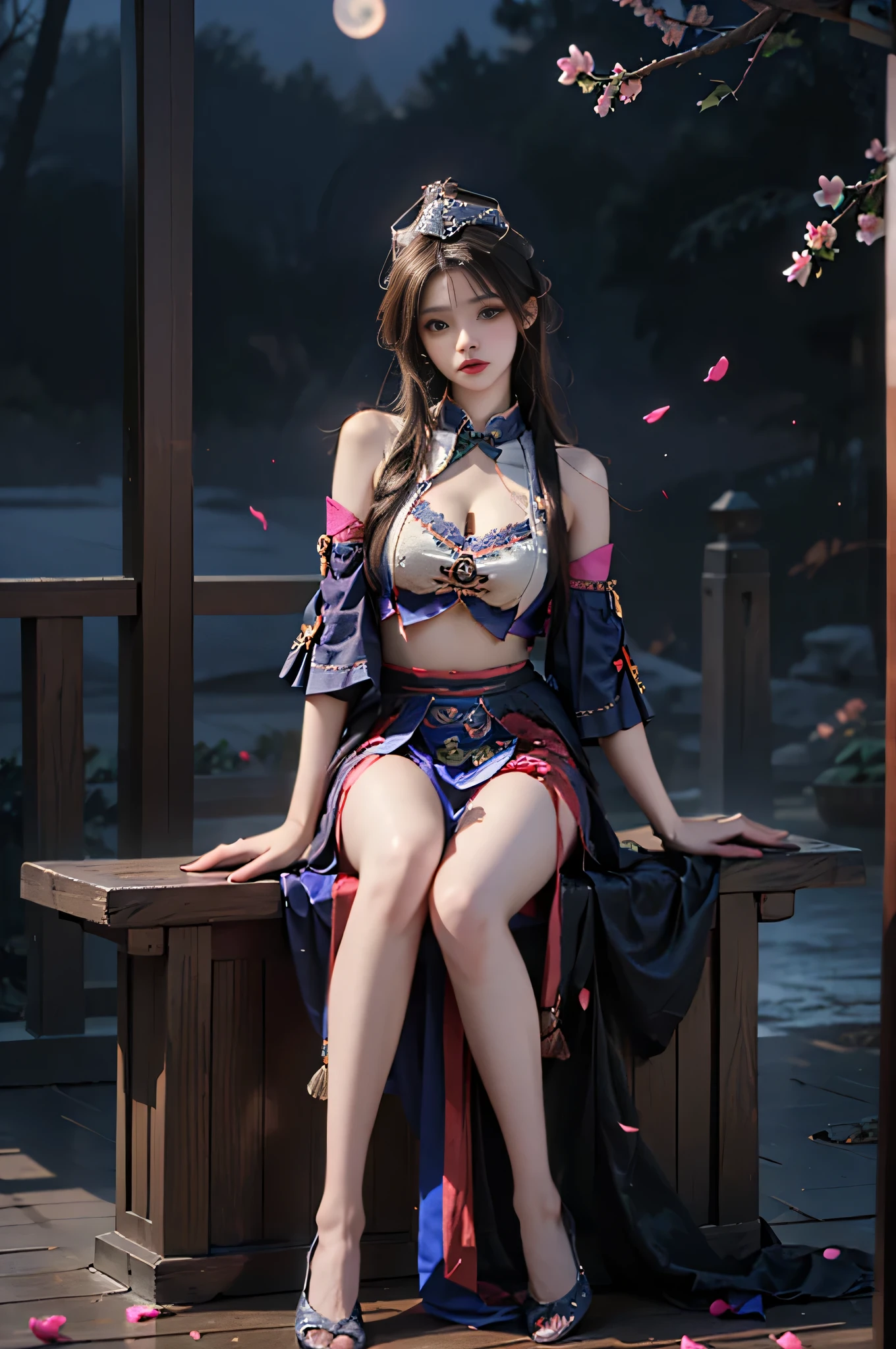 guqinghan,fhz,
hat,hair ornament,hat tassel, chinese clothes, traditional clothes, bare shoulders,dress, detached sleeves, jewelry, print clothes, ,, ((full body:1.4)), ((masterpiece, best quality, ultra highres, realistic:1.4)), (Random shooting Angle), yushuxin,1girl,solo, (I-type Valley), (Perfect curves and sexy and alluring poses), ((Sitting posture)), (Sitting in an ancient-style wooden pavilion), (At night, moonlight:1.3), beautiful detailed face, (photorealistic:1.37), (sexy long legs:1.2), slender figure, (Full breasts, large breasts, visible cleavage, and very short skirts), one leg extended, the other leg naturally bent at the knee, accurate and beautiful leg shape, exquisite face, one hand gently lifting the skirt, long hair blowing in the wind, soft shadows, depth of field, (detailed background:1.1), (ambient occlusion:0.3), (Many scattered petals, petals dancing in the air)