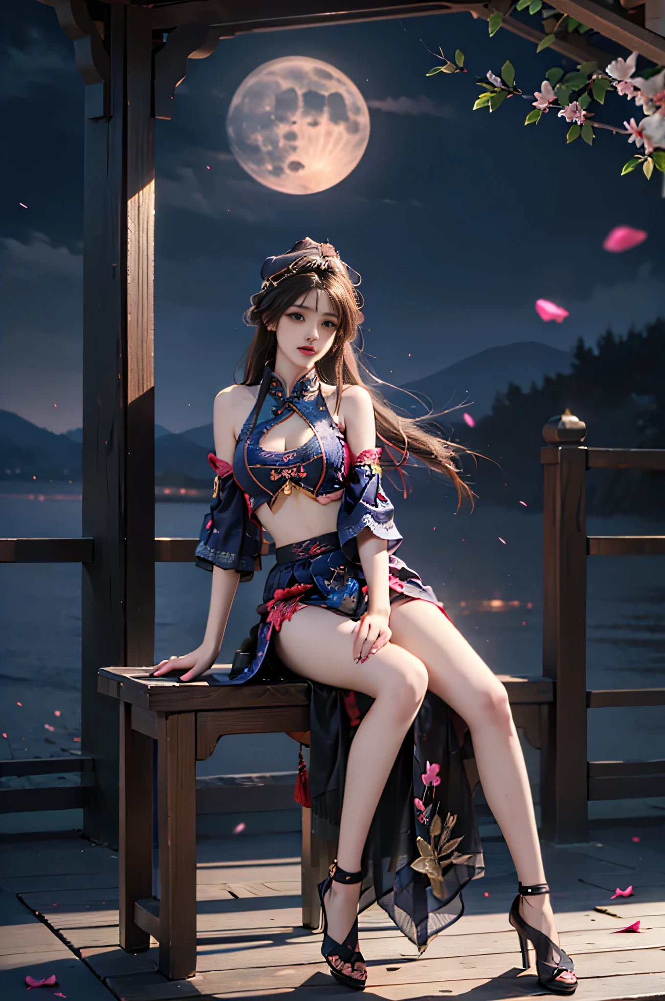 guqinghan,fhz,
hat,hair ornament,hat tassel, chinese clothes, traditional clothes, bare shoulders,dress, detached sleeves, jewelry, print clothes,  ,, ((full body:1.4)), ((masterpiece, best quality, ultra highres, realistic:1.4)), (Random shooting Angle), yushuxin,1girl,solo, (I-type Valley), (Perfect curves and sexy and alluring poses), ((Sitting posture)), (Sitting in an ancient-style wooden pavilion), (At night, moonlight:1.3), beautiful detailed face, (photorealistic:1.37), (sexy long legs:1.2), slender figure, (Full breasts, large breasts, visible cleavage, and very short skirts), one leg extended, the other leg naturally bent at the knee, accurate and beautiful leg shape, exquisite face, one hand gently lifting the skirt, long hair blowing in the wind, soft shadows, depth of field, (detailed background:1.1), (ambient occlusion:0.3), (Many scattered petals, petals dancing in the air)
