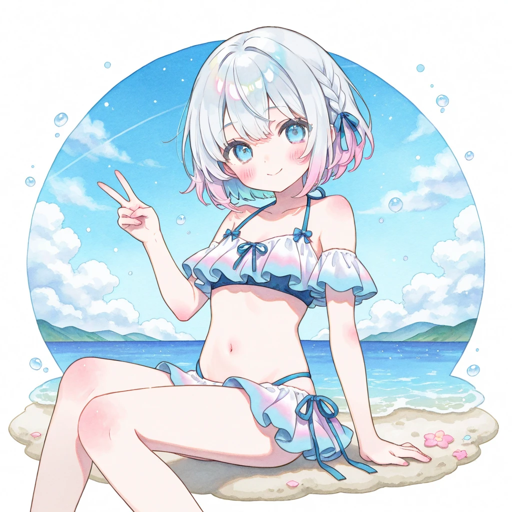 ((highest quality)), ((masterpiece)), (pretty girl), (multiple girls:1.8), women are posing for a camera outdoors in the water, (shirtをめくりあげてI can see your underwear:1.5), (乳首は見えないくらいshirtをめくりあげる:1.3), (cover 1'chestに1つ'hand:1.3), stand side by side, perfect face, smile, (open your mouth and smile:1.3), embarrassed look, (precise fingers:1.3), hair band, head band, hair bobble, blouse, shirt, I can see your underwear, (pastel colored underwear:1.5), water着, high resolution eyes, accurate eye, (high resolution eyes:1.8), (High definition finger 1.8), light smile, small chest, chest, realistic, 4years old, 5 years old, 6 years old, 7 years old, knee socks, short skirt, Asian, blue eyes, silver hair, brown hair, blonde, belly button, jewelry, looking at the viewer, necklace, water, , Wet, long hair, short hair, abs,