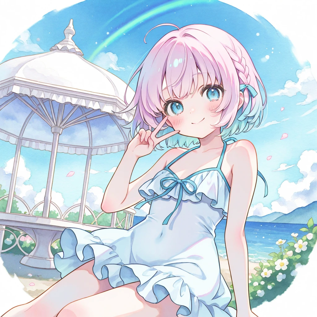 A loli，Short loli figure，Female face，Sunny smile，Short lilac hair，Heterochromia blue-red，There are bright spots in the eyes，Female hands，White little hands，Normal fingers，Beach，swimsuit，whole body，sandals，Leg ring，masterpiece，Delicate and exquisite的二次元精美画风，Delicate and exquisite，8K high quality，CG Wallpaper，HD，flat chest，Solitary，Ark of Tomorrow，Ark of Tomorrow风格