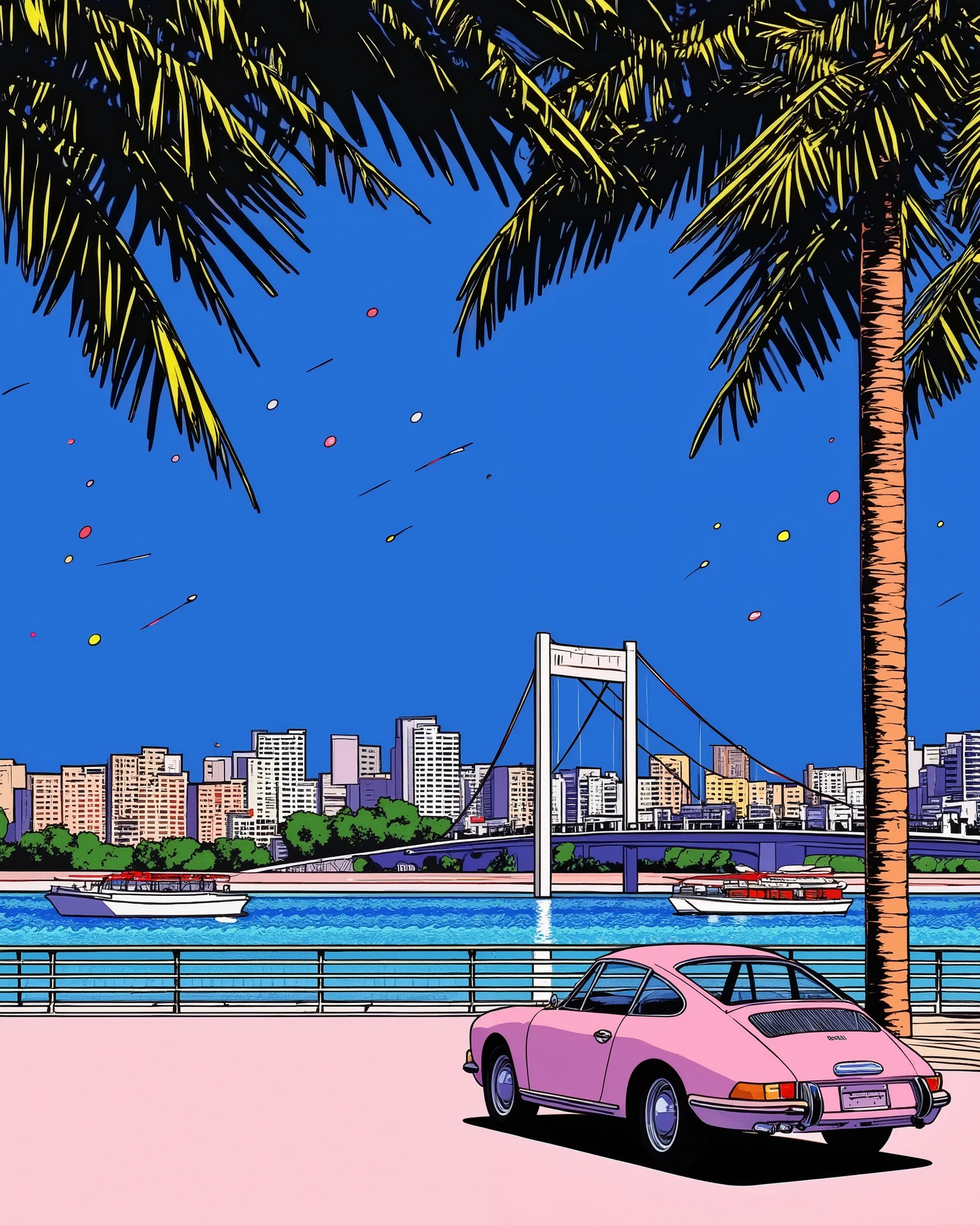 80's city pop art, Summer Scenery, (Wind Line ), palm tree, particle, Porsche 356 , Sea view, Tropics, shop, Gradation Sky, Early evening, Venice belt, suspension bridge, Coast, melew, Skyscraper, . (masterpiece, best quality:1.2)