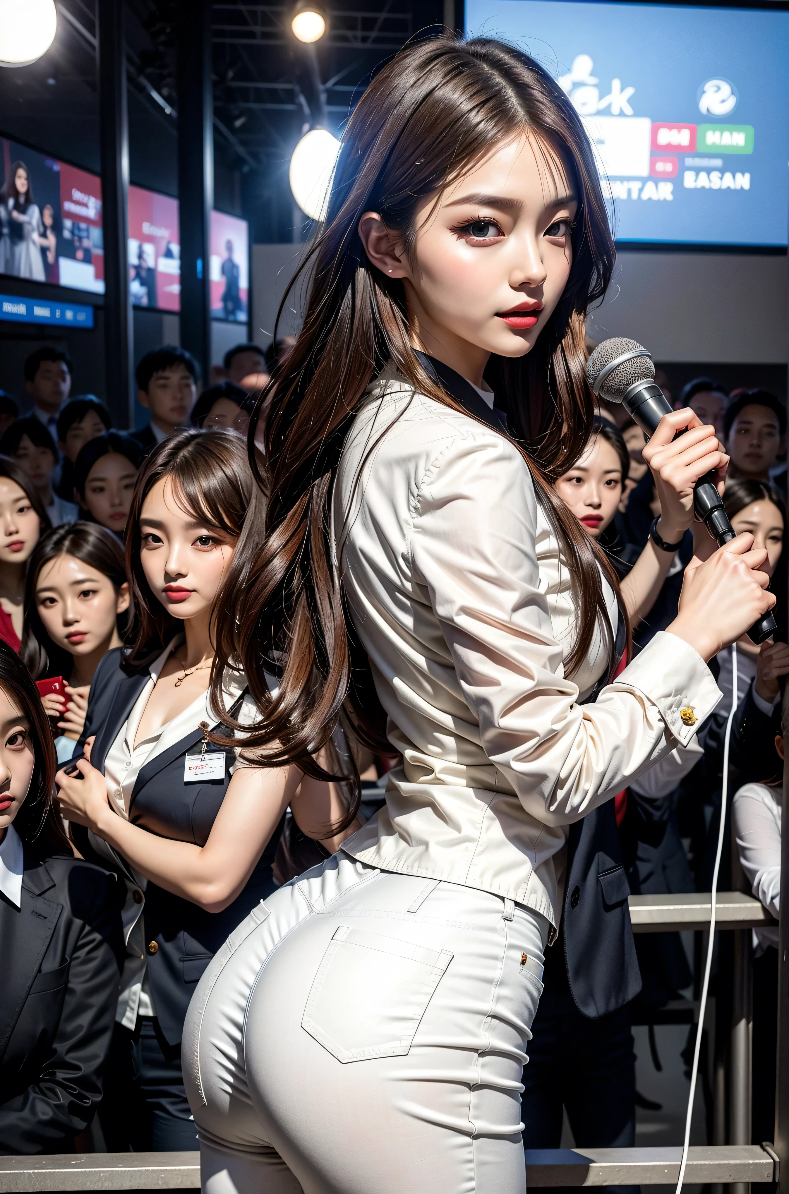 （8k，best quality，masterpiece，actual，super detailed：1.3），（3 girls，beautiful korean girl, kpop idol），（black blazer：1.2），（white leggings：1.1），（Serious expression：1.2）discuss，（speech，handheld microphone：1.2）（crowd，audience：1.3），Sexy long legs， （Thigh clearance：1.5），wide hips，S-shaped body， Hips raised，，black hair，（ass focus：1.1）shot from behind