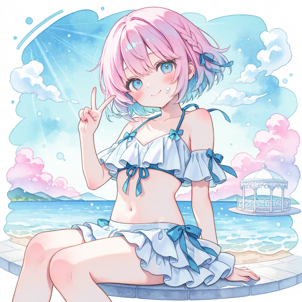 ((Highest quality)), ((masterpiece)), (detailed), a cartoon girl in 比基尼s holding her pink hair in the water on a beach, 1girl, barefoot, swimsuit, suns, one eye closed, 比基尼, 独奏, day, breasts, hair ornament, blush, sky, blue sky, water, cloud, outdoors, 比基尼, feet, hairclip, red eyes, pink hair, splashing, spread legs