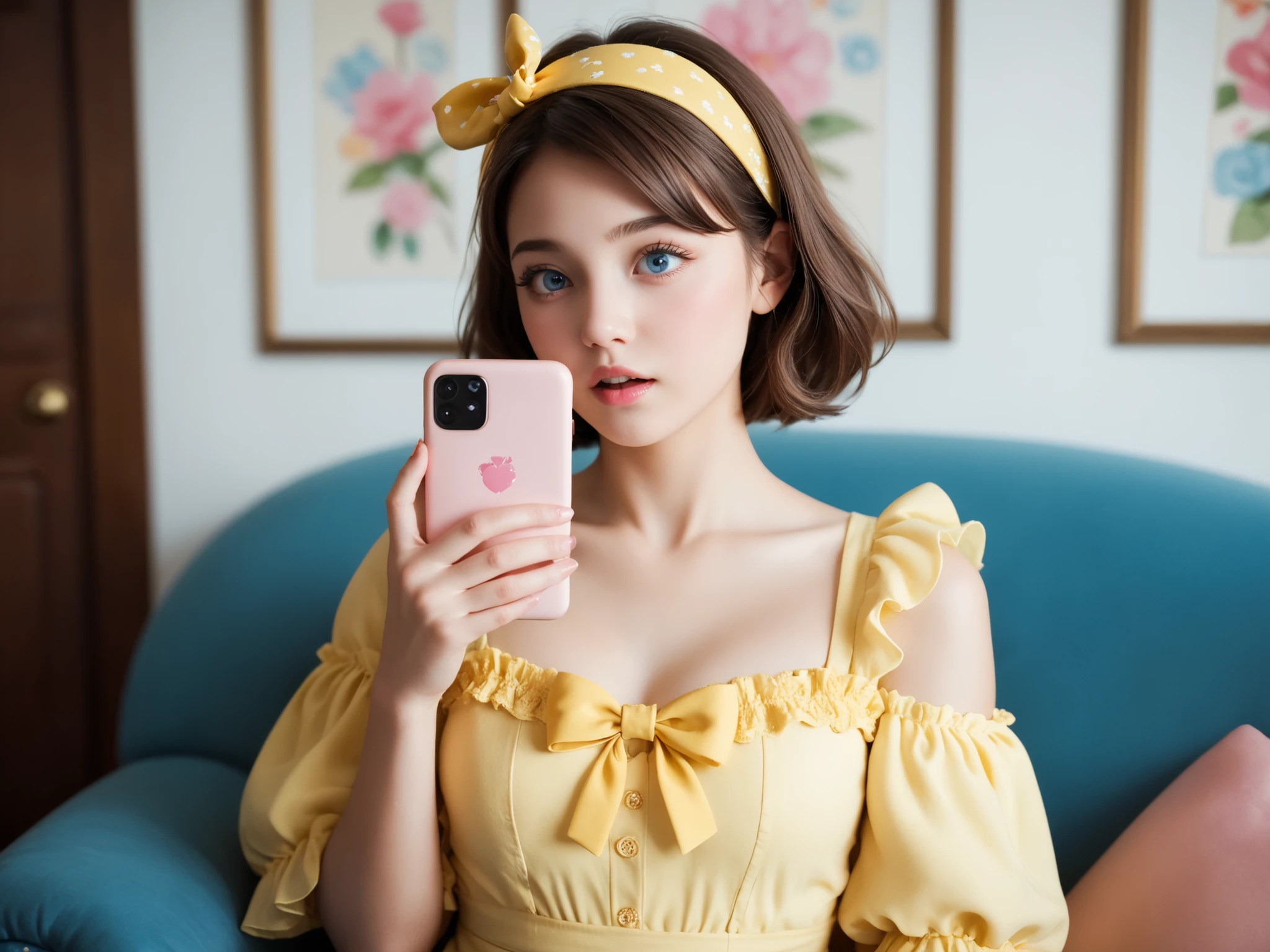 A hyper-realistic portrait of an adorable  girl sitting indoors, wearing a yellow dress with a large matching bow on the front and a headband with a big yelow bow. The  has fair skin, rosy cheeks, and large, expressive blue eyes with long eyelashes. She is holding a smartphone to her ear, looking surprised or curious, with her lips slightly puckered. The background is softly blurred, creating a cozy, warm indoor environment with soft lighting. The image has a studio-quality aesthetic with sharp focus on the , detailed textures in the fabric, and a pastel color palette., vibrant, whimsical colour, highly detailed close up image 