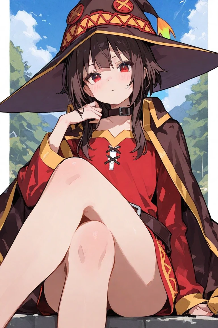 masterpiece, best quality, 1 girl, detailed beautiful face, megumin, witch, flat chest, (pantie shot), embarrassed, blush, squatting, in forest, spread legs, sweat, open mouse, (wet crotch)