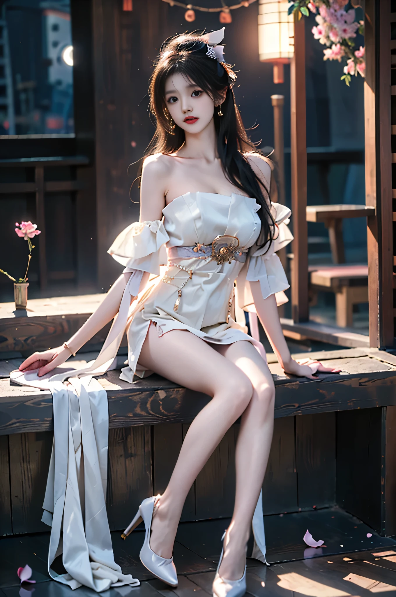 Ultra high quality，tmasterpiece，Perfect illustration，extreme hight detail(Delicate light and shadow，The picture is highly dramatic，)zhongfenghua， 1 girl full body， show legs，White lace stockings wrap around calves，Exposed cleavage，独奏， Hanfu，  flower  field， blossoms， （White smoke：1.3） （realisticlying：1.4）， Zen entanglement，Red, Black and white Hanfu， Tangled， offcial art， Unity 8k壁纸， ultra - detailed， Beautiful and beautiful， tmasterpiece，best qualtiy， （dynamic angle：1.4）， Glowing skin， （Floating colorful flashes：1）The most beautiful forms of chaos，ellegance，Fauvistdesign，vivd colour，Romantic depth of field exotic_Dance， Half_Naked