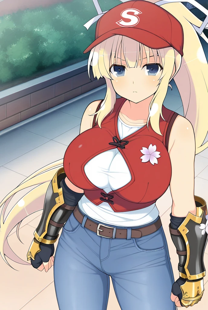 Best quality, high resolution, Sky, Upper body, (huge breasts:1.2), Beatrix Amerhauser, Long hair, blue eyes, blonde hair, Ponytail, Gloves, Fingerless Gloves, armor, Japanese armor, T-shirt , white tank top, cleavage, collarbone, blush, happy, smile, open mouth, looking at viewer, pose, large round breasts, wide thighs, wide hips,