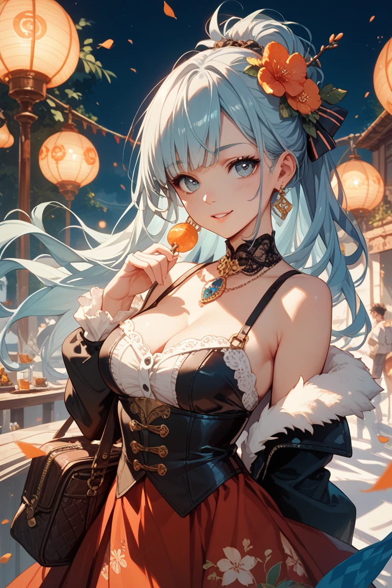 1girll, genshin impact,the original god,Shen He,genshin impact,Bigboobs, paleskin,Perfect face,braidedhair,long whitr hair, whaite hair, ssmile, exposed bare shoulders,Silver Eyes,Modern clothes,tiese,shift dresses,Bustling night market,street,lighting,,Ray tracing,(Shine),(Masterpiece, Best quality, Ultra-detailed, A high resolution),(The background is blurred out),(Bokeh effect),(Detailed eyes),(Eye focus),(slim)(Breast perfection)(D bust)(16K resolution)
