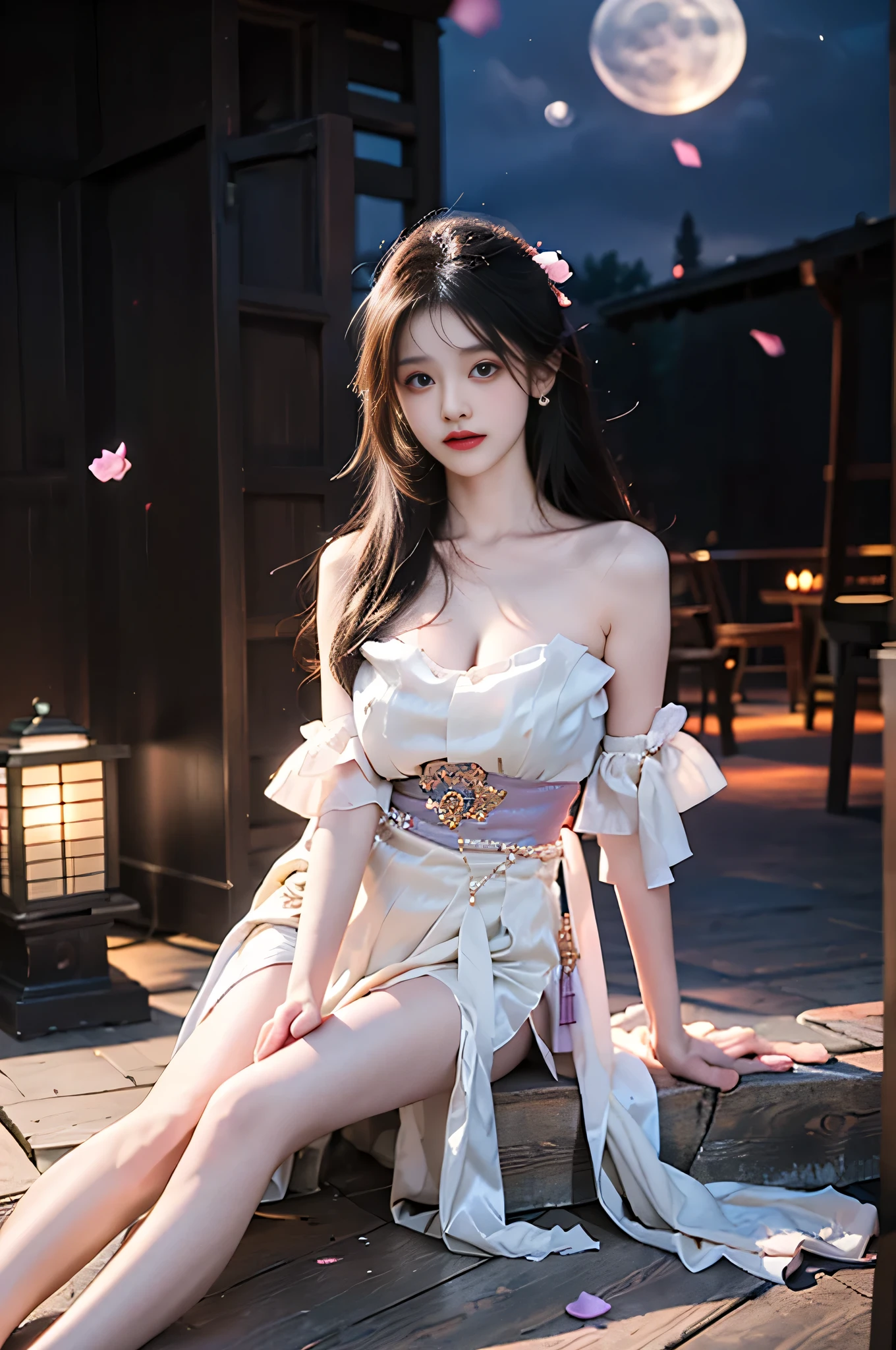 guqinghan, jrys, high heels,bare shoulders, see-through, jewelry,strapless, collarbone, bracelet, off shoulder,earrings, bow,cleavage, tube dress, strapless dress,, ((full body:1.4)), ((masterpiece, best quality, ultra highres, realistic:1.4)), (Random shooting Angle), yushuxin,1girl,solo, (I-type Valley), (Perfect curves and sexy and alluring poses), ((Sitting posture)), (Sitting in an ancient-style wooden pavilion), (At night, moonlight:1.3), beautiful detailed face, (photorealistic:1.37), (sexy long legs:1.2), slender figure, (Full breasts, large breasts, visible cleavage, and very short skirts), one leg extended, the other leg naturally bent at the knee, accurate and beautiful leg shape, exquisite face, one hand gently lifting the skirt, long hair blowing in the wind, soft shadows, depth of field, (detailed background:1.1), (ambient occlusion:0.3), (Many scattered petals, petals dancing in the air)