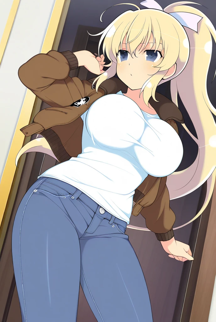 There is one girl and one boy. They are facing each other. The guy is grabbing her ass as They are hugging in a school hallway. The girl is blonde. The girl is curvy with thick thighs and a big ass, a big thick ass. they are hugging. The guy is groping, squeezing, fondling, and grabbing her big ass as they hug. She is wearing shorts that cover her ass but are very short and tight. She is blushing and laughing and he is smirking.