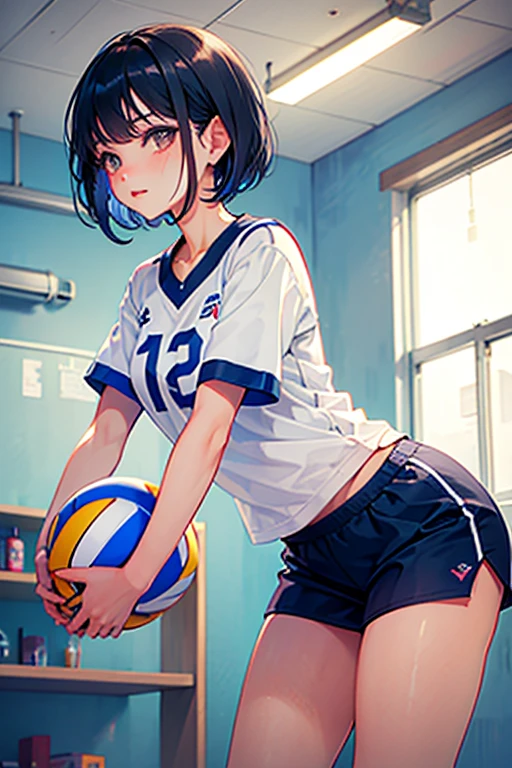 absurdres, RAW photo, extremely delicate and beautiful, masterpiece, Best Quality, ultra high resolution, 32k, hyperrealistic, ultra-detailed, Very detailed CG 8k wallpaper, Beautiful Lighting, Perfect Lightning, Realistic Shadows, perfect anatomy, super Detailed skin, Japanese woman, late 20s, very Slim body, narrow waist, very small head, handsome detailed woman, very detailed eyes and face, realistic face proportions, Stunning detailed eyes, Realistic beautiful face, very small face, Realistic small beautiful eyes, tearful mole, earring, beautiful and very thin legs, beautiful and very thin thighs, very huge round breasts, medium hair, black hair, full body shot, (volleyball uniform:1.2), (shorts),