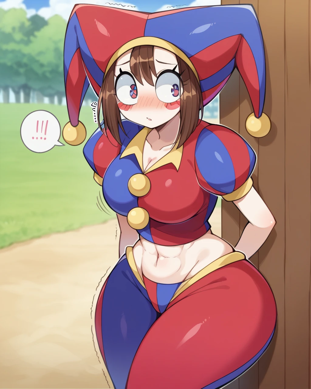 score_9, score_8_up, score_7_up,SOURCE_ANIME,SOURCE_CARTOON, masterpiece, rating_explicit,
1futa,pomniSDXL,female, mature,
medium hair, pale skin,blush, blue eyes, brown hair, red eyes, gloves, hat,
jester cap,CLOWN,
WIDE THIGHS,FIT,FIT BODY,ABS,MUSCLE THIGHS,
HUGE PENIS,FORESKIN,
huge balls, big balls, pubic hair peek, pubic hair,
armpit hair,
steam, steaming body, sweat, sweatdrop, sweating, sweaty body,
((GREY SMEGMA)),