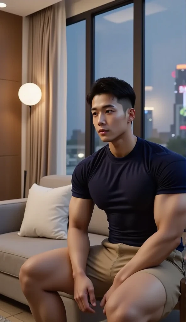 (A asian pretty Boy, cute boy, Nude posing:1.1), (absurdres, realistic, masterpiece:1.2), RAW photo, best quality, 8K,1boy, chinese idol, very handsome, perfect face, Extremely detailed, Practical:1.5, professional photography, Bright colors, Clear focus, young, slender, muscular, slim muscular, (perfect hands, 5 fingers) , Comb-over hairstyle, Black short hair, clear and beautiful detailed eyes, Playful expression, soft skin, detailed skin, spread legs, detailed highlights and shadows, Excellent body proportions, Correct anatomy, male focus, (Topless, white short pants:1.5), Potted plants, flowers, (roof, Skyscraper, balcony:1.1), Glass Wall, Studio Lighting, gentlesunlight, Cinematic Lighting, Warm colors, full-body shot,