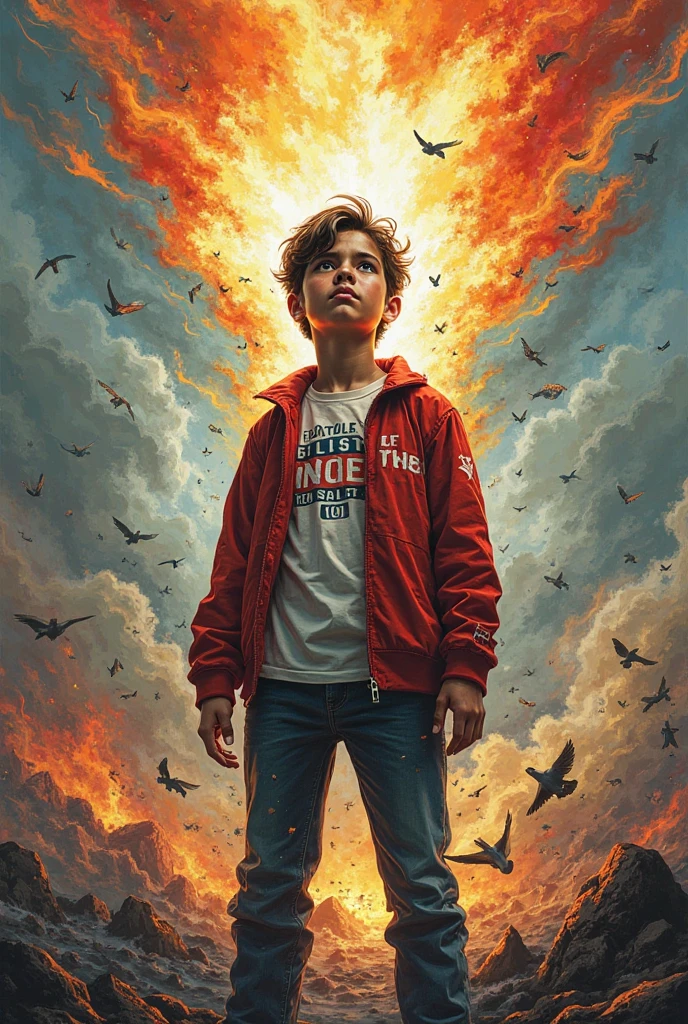 A child looks at the sky, amazed and happy, the phoenix engulfed in flames soars in the heights, at night, sparks, contrasting color, stars, fire, contrasting colors, fire lighting, textures, intricate details --auto --s2