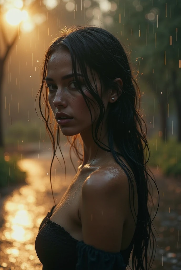 Best quality, masterpiece, meticulous detail, realistic, 8k, hi-res, RAW photo, photorealistic, a mystical lady getting wet in the middle of rainforest, raining heavily, makeup washed away by the rain water