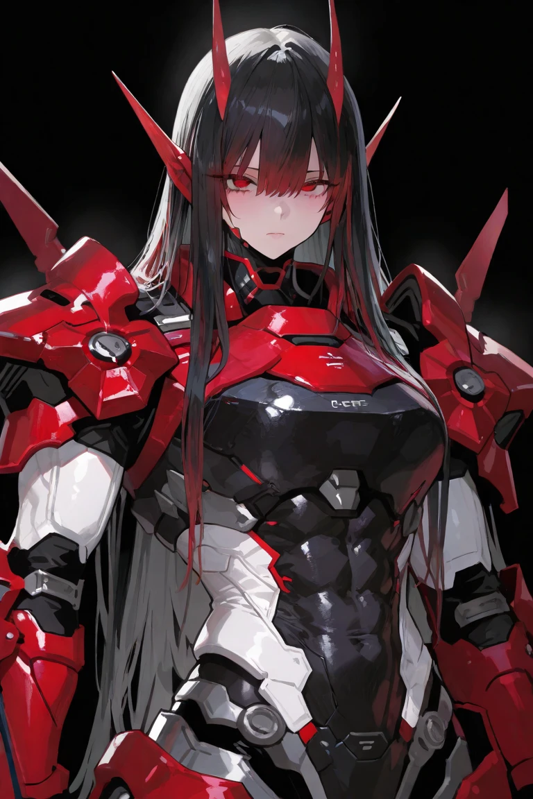 Long Hair Cyber-style female robot in red armor Big Breasts Upper Body