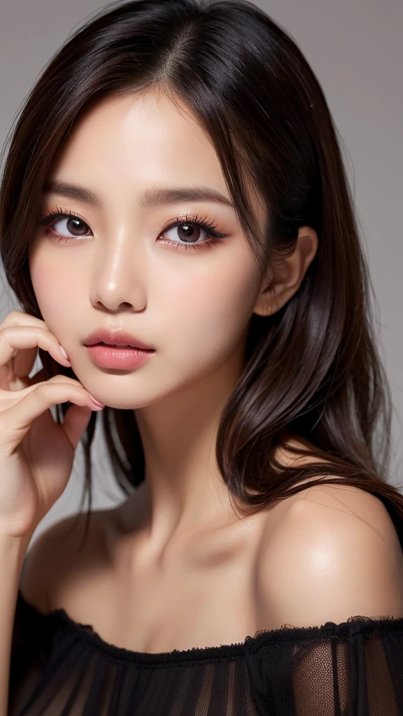 a close up of a woman with long hair and a pink lipstick, beautiful aesthetic face, brown eyes and white skin, clear lips and high quality, attractive female face!!!, light brown piercing eyes, beautiful japanese girls face, extremely beautiful face, lovely delicate face, gorgeous chinese model, red contact lenses, bright piercing brown eyes, photorealistic beautiful face