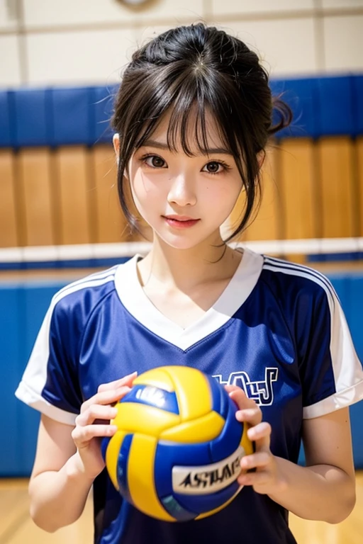 It captures a beautiful 24-year-old Japanese woman with the figure of a member of Japanese idol groups Keyakizaka46 and Nogizaka46.。She is posing as a volleyball player。With a smile、I&#39;m posing with the wide angle slightly raised.。Her natural charm and bright smile、It&#39;s overflowing from the photo。Her pose and charming smile、It fascinates the viewer。Touching the ball in a white sleeveless shirt。In the background、The president&#39;s office is expanding