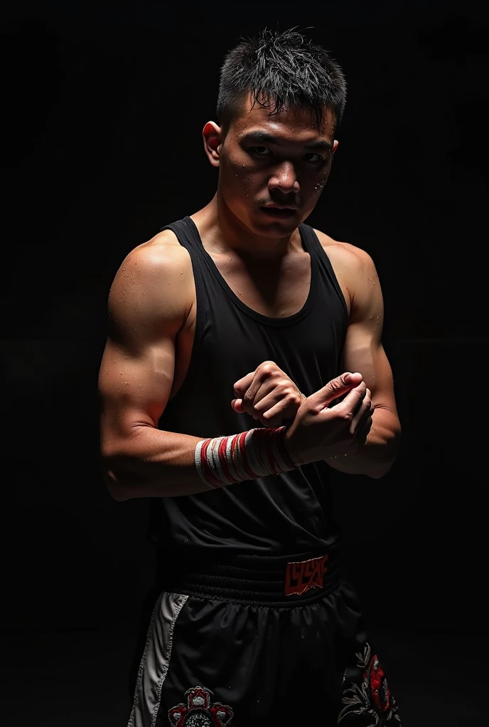 1 Chinese man 2 He holds a flag 8 meters long and it is the flag of China 3 he has a black background 4 he has six-pack abs 5 he has tattoos of Chinese dragons 6 he has pants with Chinese dragons 7 The pants have colors that represent China