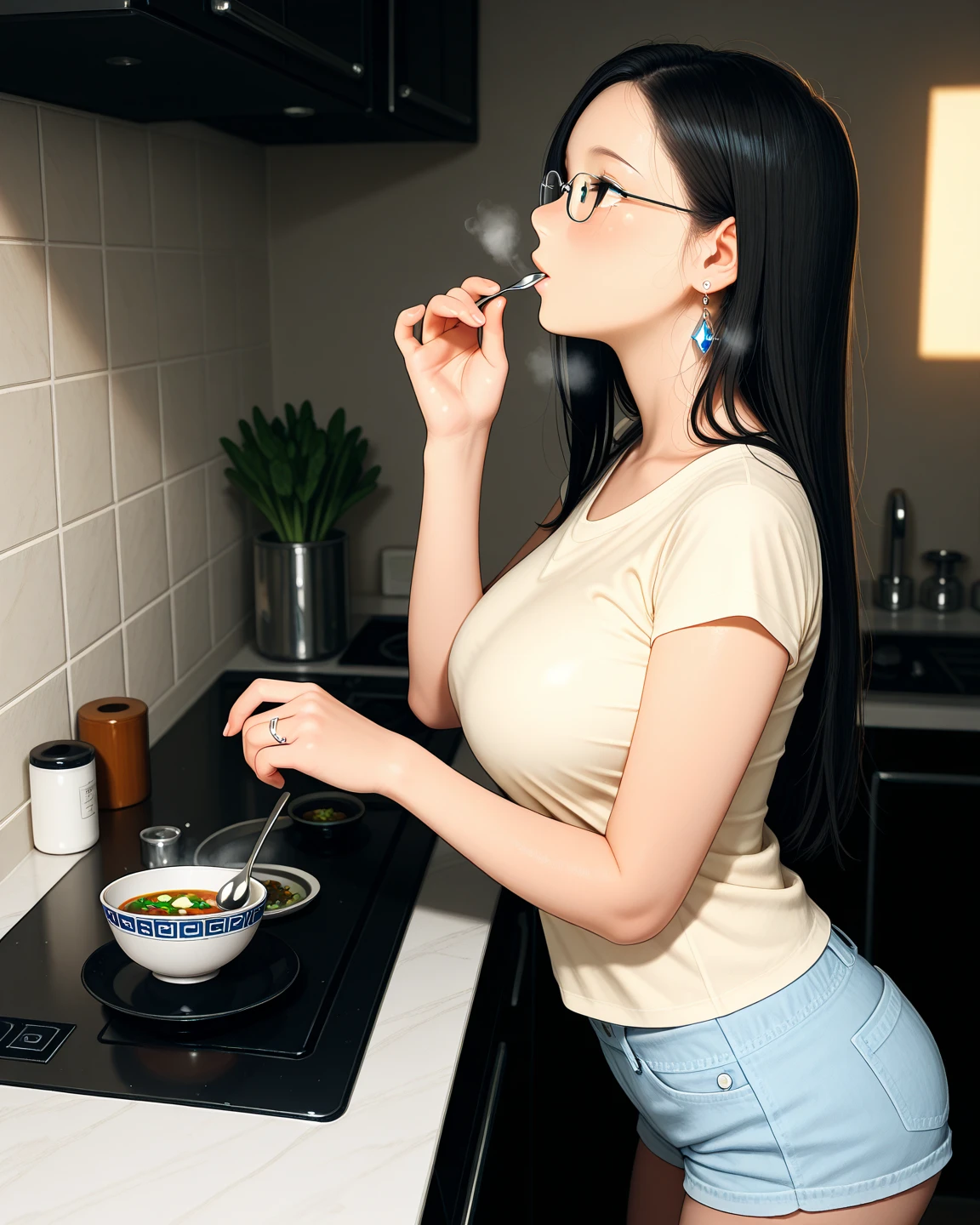 highest quality、High resolution、8K、detailed background、Beautiful teenage girl、beautiful and detailed face、beautiful and smooth skin、skin texture、Black square glasses 、cuteポニーテール,(big breasts:1.2)、cooking、cute