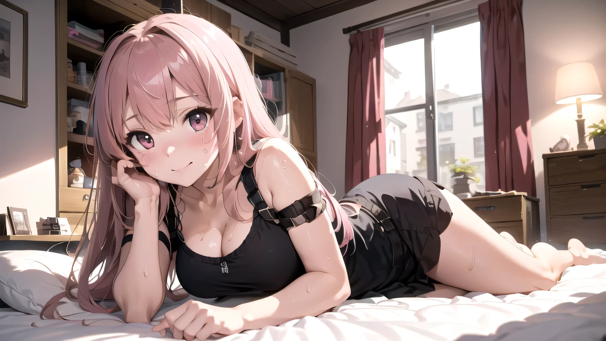 (masterpiece,Best Composition,Depressed Illumination,top quality,Super Detailed),best shadows,Rim lighting,perfect composition,full body,(Megurine Luka,glamorous body,pink long Straight Hair:1.5),beautiful big eyes,look at here,tilt her head,smile,(Blushing,Sweating:1.3),see-through uniform and skirt,big breasts,Cleavage,(lying down,Lift hips a little:1.3),on luxury canopy bed,night,pink luxury room,houseplants,indirect lighting