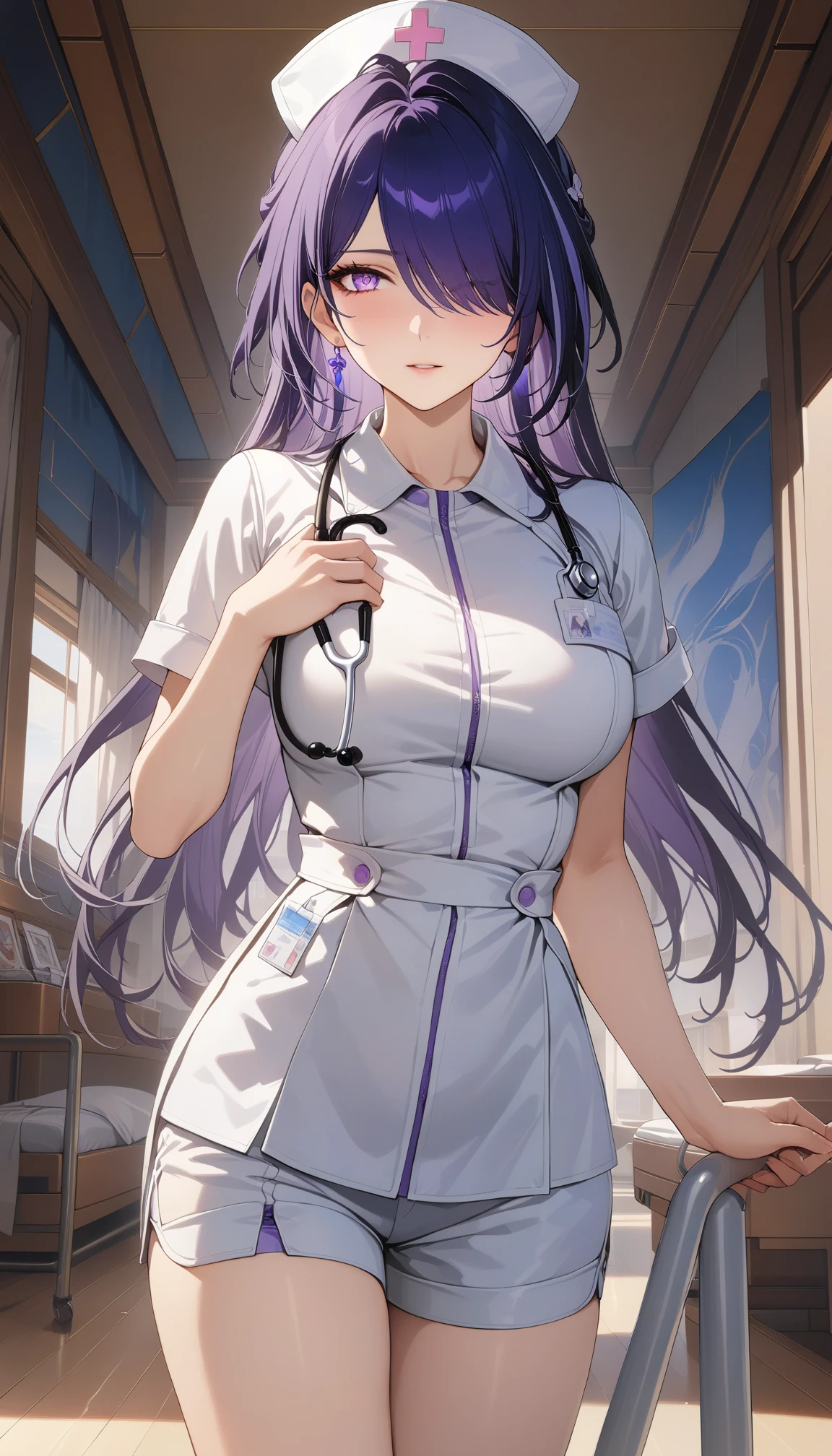 1woman, solo, nurse, white nurse cap, white nurse uniform, ((white legwear, zettai ryouiki)), white gloves, long hair, purple hair, red eyes, ((white surgical mask, covered nose)), standing, ((hospital room)), sharp outline, short sleeves, mature female, 35 years old, best quality, masterpiece