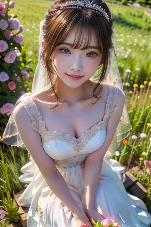 1girl, tayror swift, (pink long dress), (sheer ruffle dress), smile, frilly ribbon on head, A veil made of particles of light on head, japanese idol, in the field many flowers, masterpiece, high quality, beautiful, 4k, beautiful detailed, glow, multiple color hair, from above, depth of field, light particles, HDR, Rembrandt lighting, colorful refraction, lens flare, bloom, film Reflection, colorful refraction, chromatic aberration, light diffusion