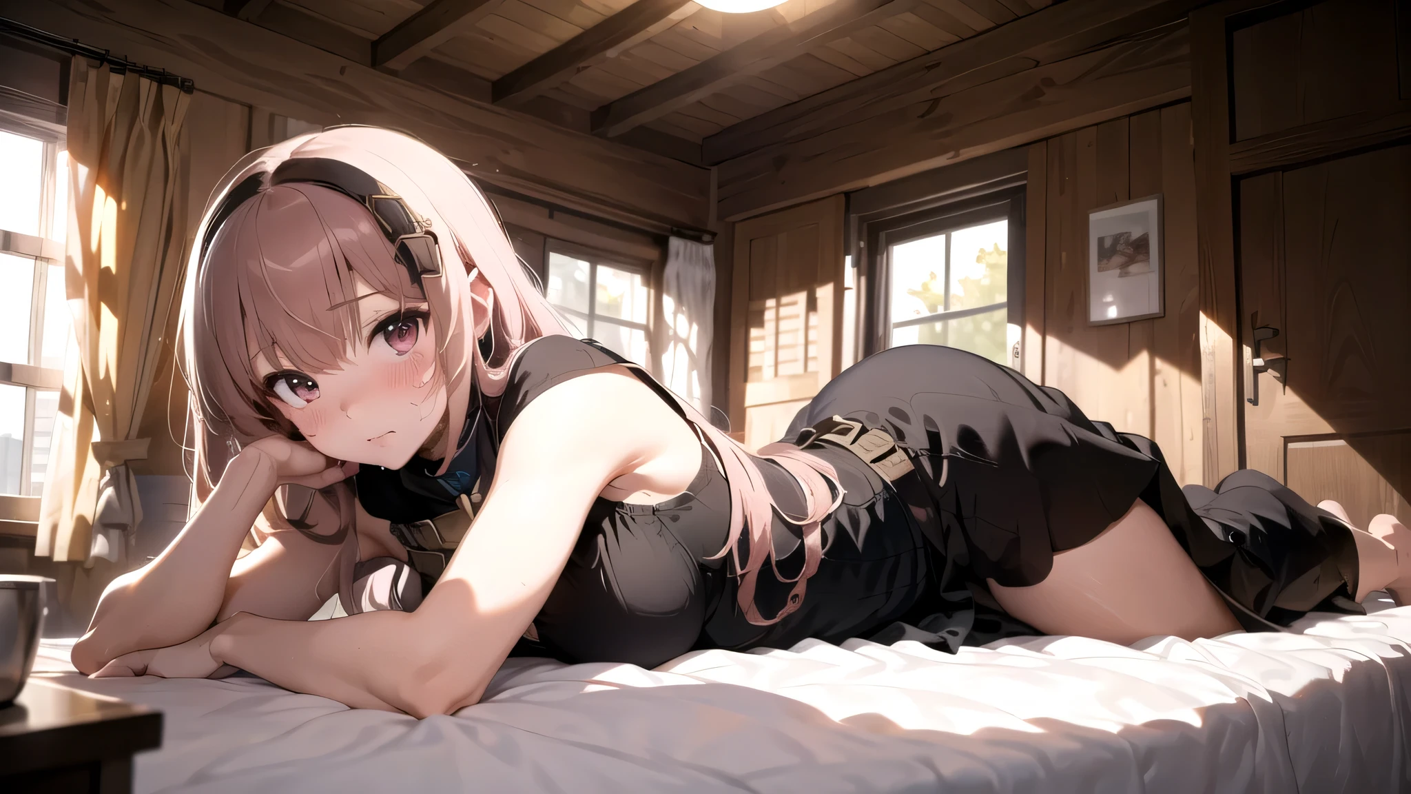 (masterpiece,Best Composition,Depressed Illumination,top quality,Super Detailed),best shadows,Rim lighting,perfect composition,full body,(Megurine Luka:1.5),glamorous body,pink long Straight Hair,beautiful big eyes,look at here,shy,(Blushing,Sweating:1.3),see-through uniform and skirt,big breasts,Cleavage,(lying down,Lift hips a little,on luxury canopy bed:1.3),pink room,put Adorable stuffed toys